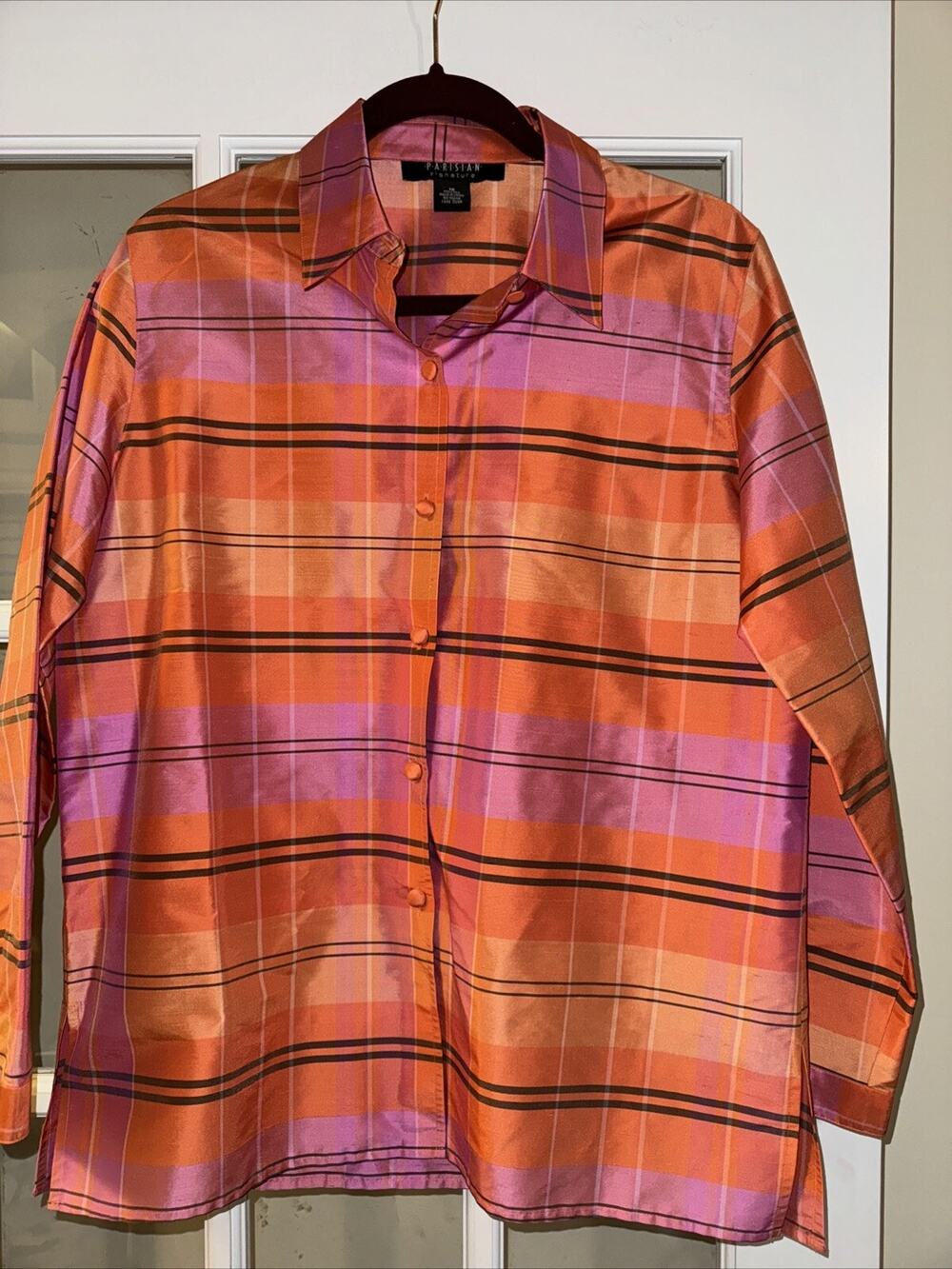 Parisian Signature Top Womens 10 Plaid Button Up Long sleeve Casual Silk Pink
